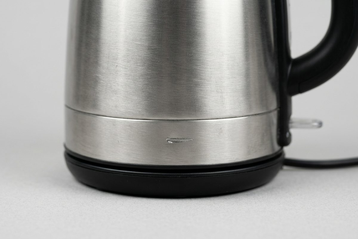 A close-up of a stainless steel electric kettle's base, showing a fine scratch in the brushed metal near the power connector