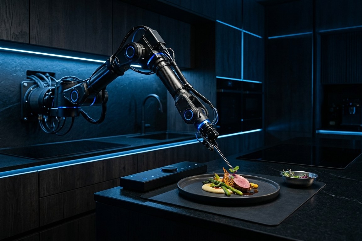 A robotic arm plating a dish in a dark, high-tech kitchen