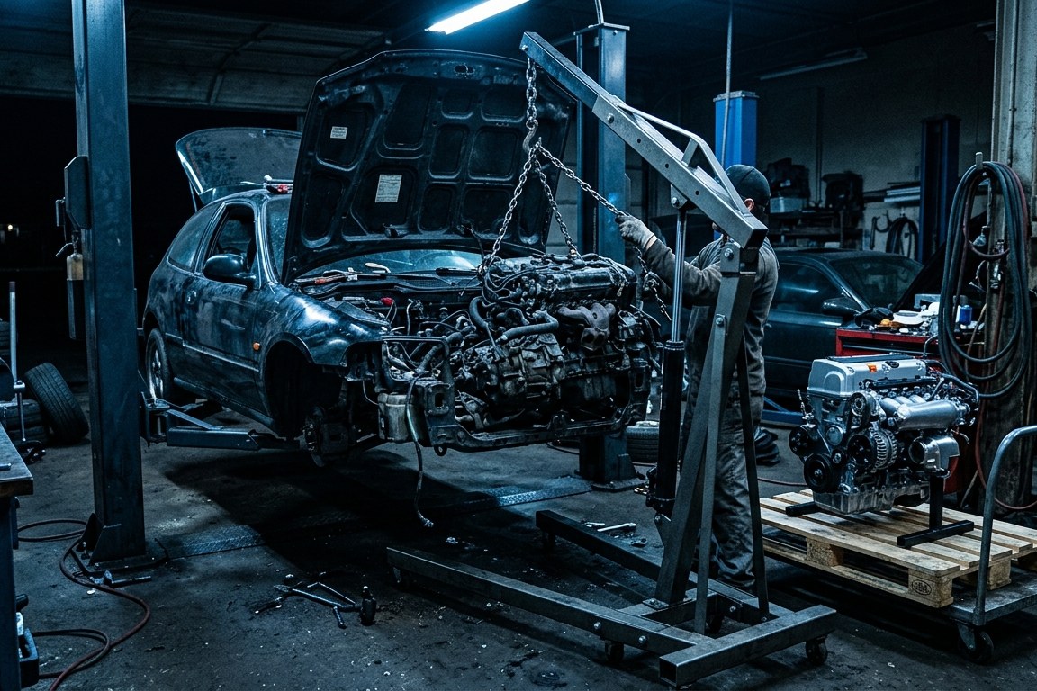 A mechanic lifting an engine out of a car in a dark garage, ready to swap in a different one