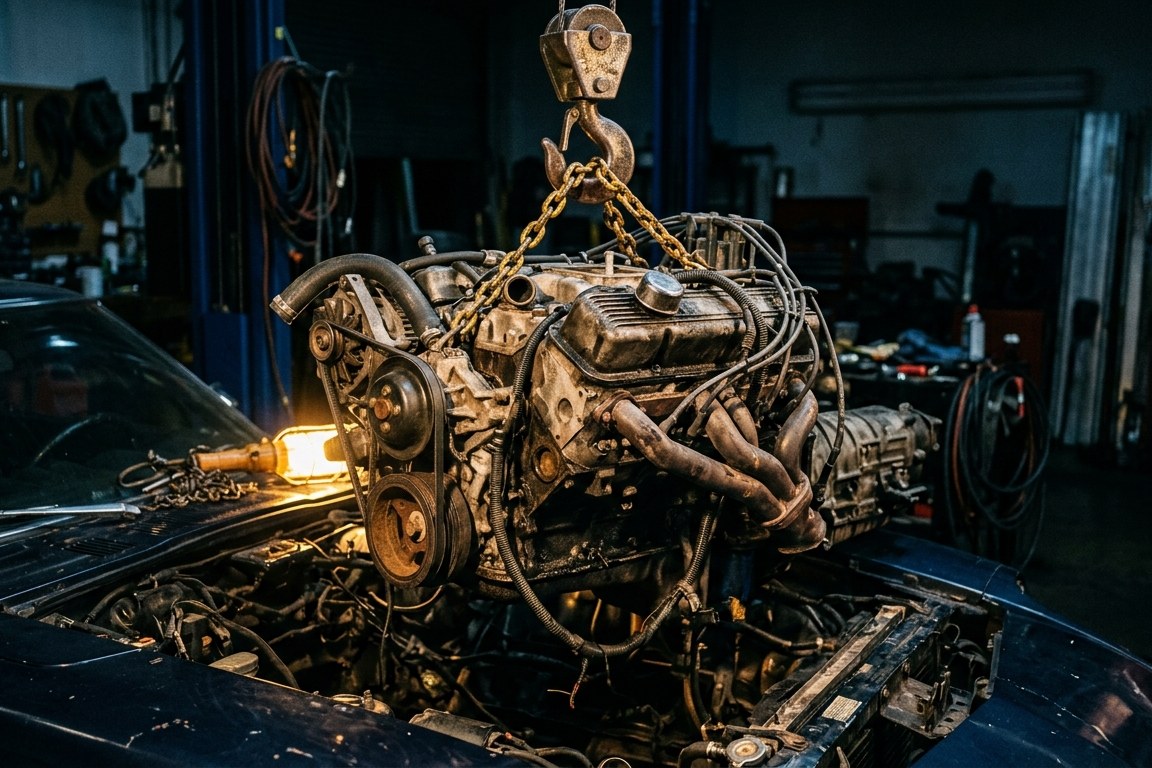 An engine mid-swap, lifted by a crane hook above an open engine bay lit by a work light