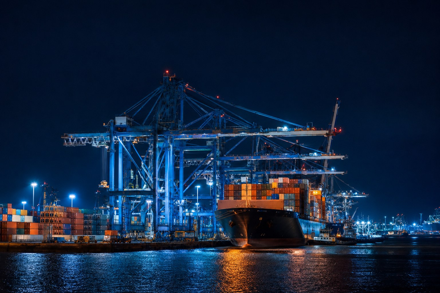 A container ship docked at a busy port at night, cranes loading cargo under blue floodlights
