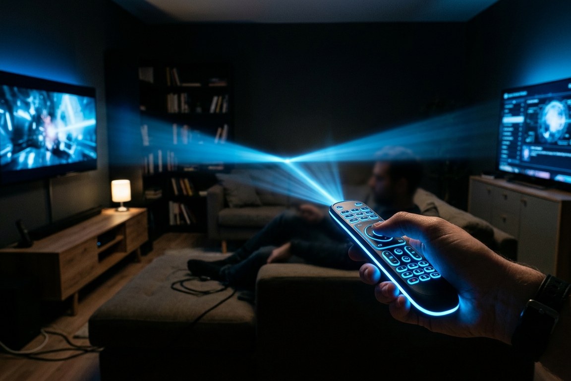 A glowing remote control aimed at two different television screens across a dark living room