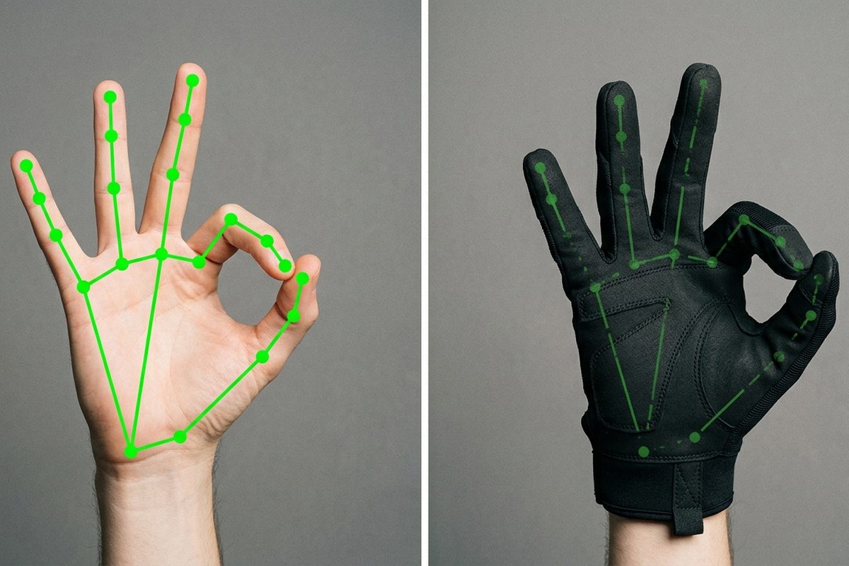 A side-by-side comparison of hand landmark tracking: clean, evenly spaced landmarks on a bare hand making an OK sign, versus the same gesture in a black glove, where the landmarks are present but visibly displaced from the true joints