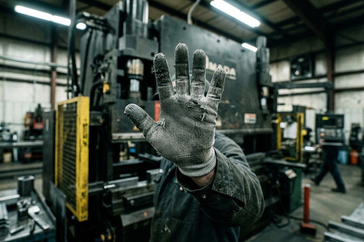 A worker's raised hand in a worn grey cut-resistant glove on a factory floor, standing in front of a press brake