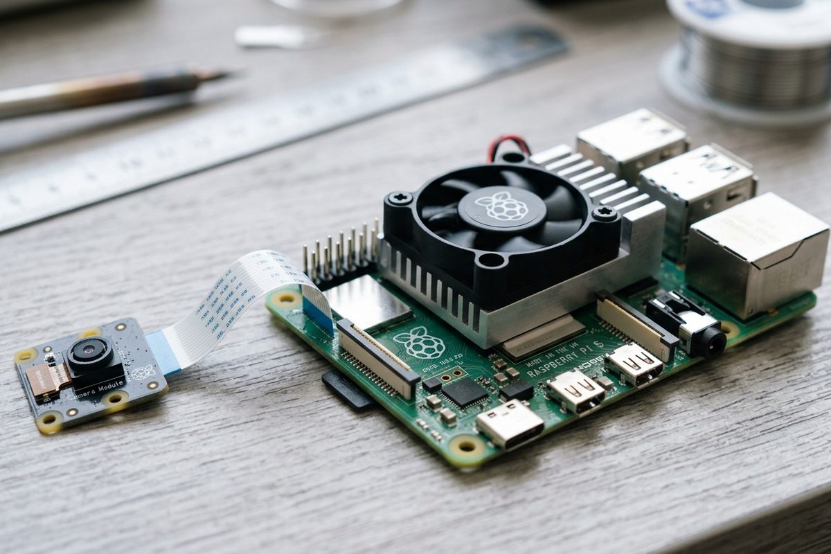 A Raspberry Pi 5 fitted with the official Active Cooler fan and heatsink, connected by ribbon cable to a small camera module, on a workbench