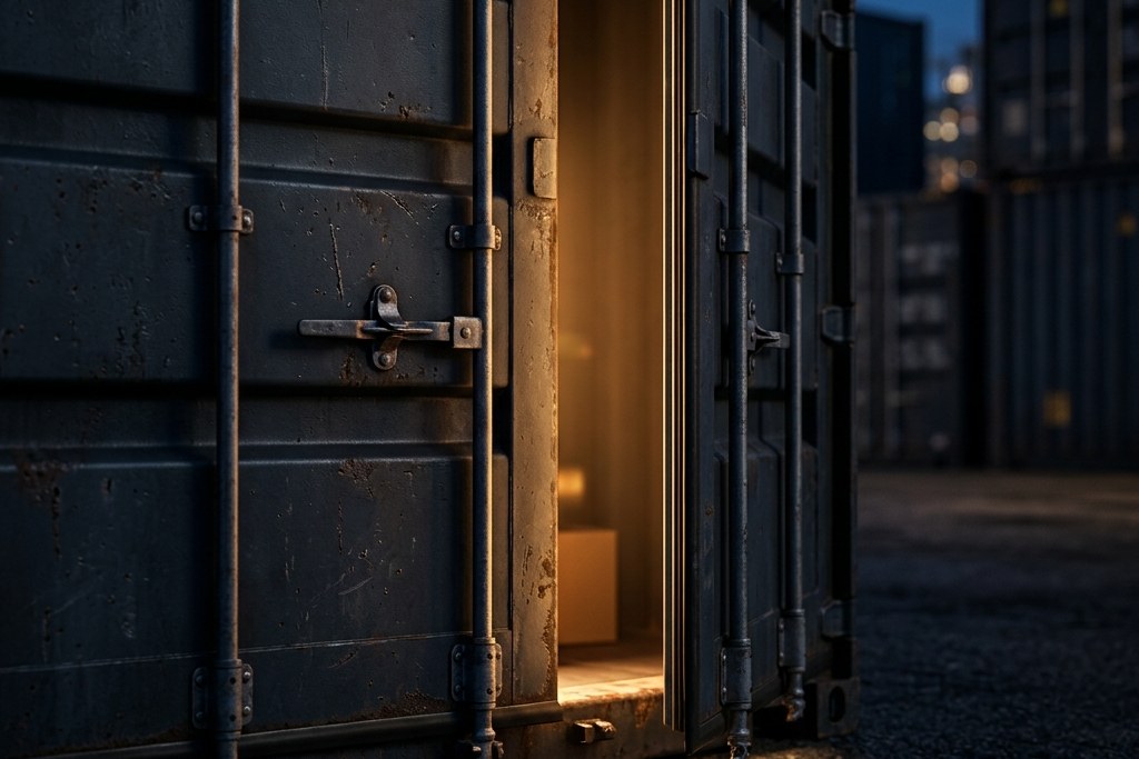 A shipping container door cracked open at night with warm light spilling out