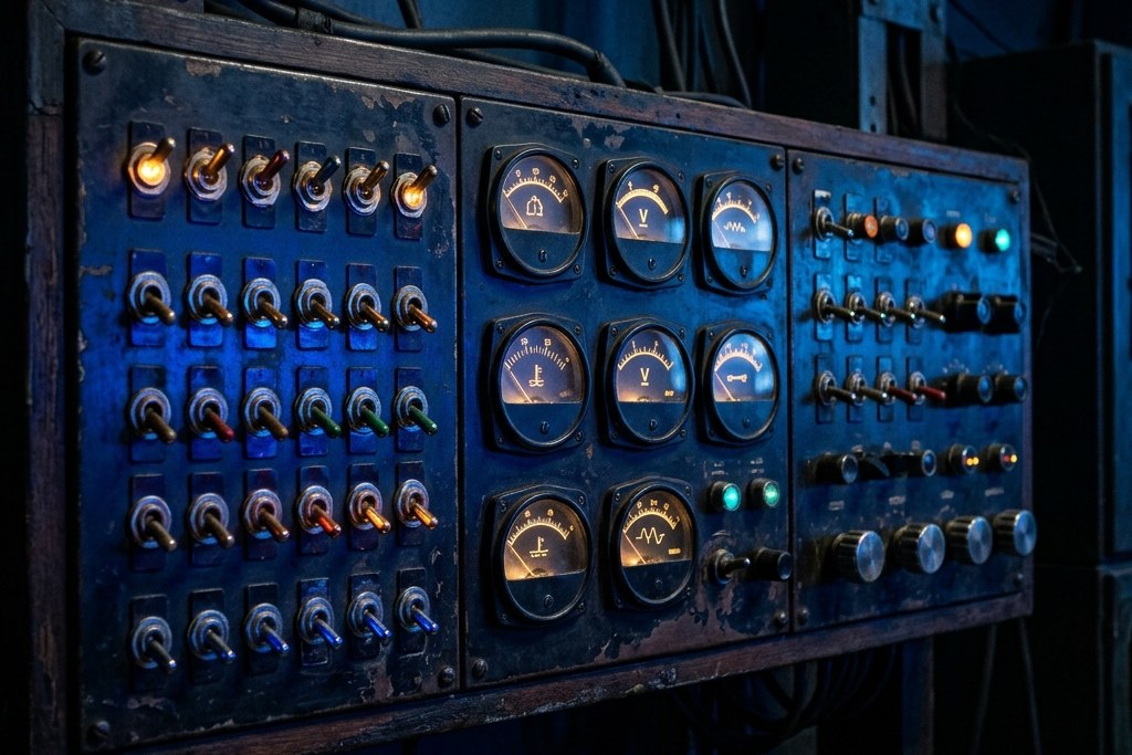 An old control panel with rows of glowing toggle switches and analog dials