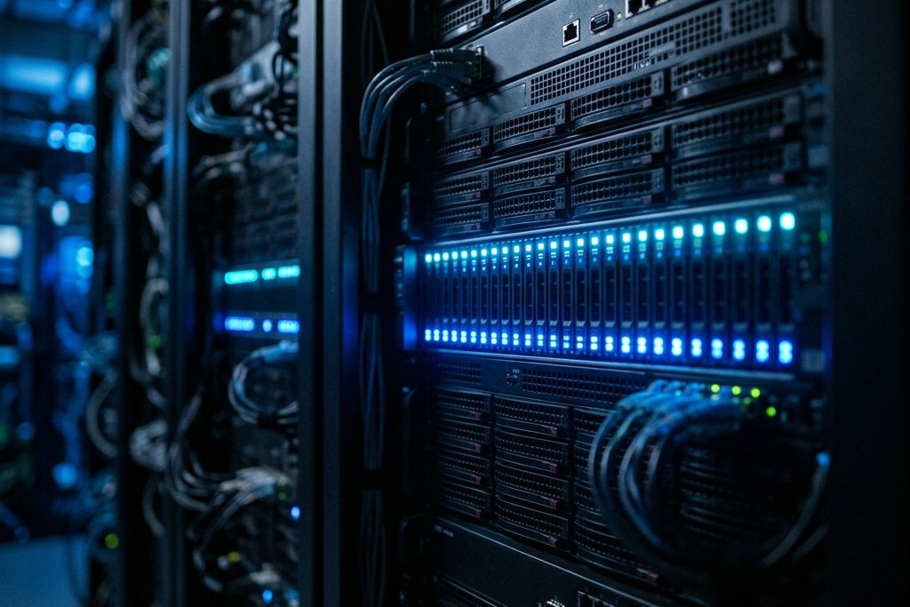 Close-up of a dark server rack with glowing blue drive lights