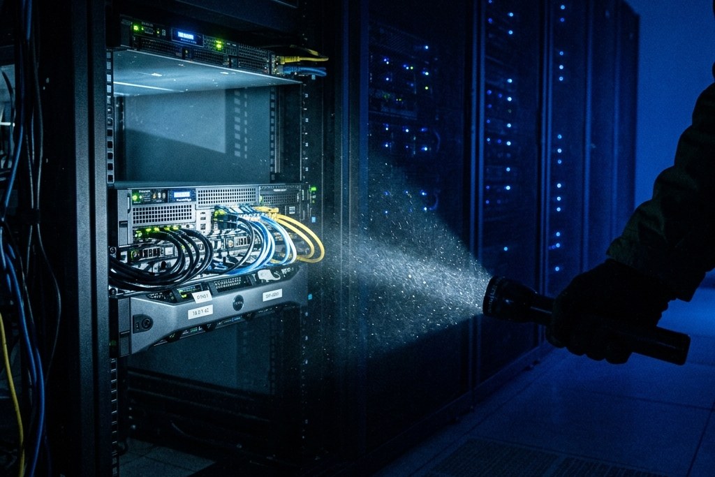 A flashlight beam cutting through a dark server room, lighting up a single rack unit