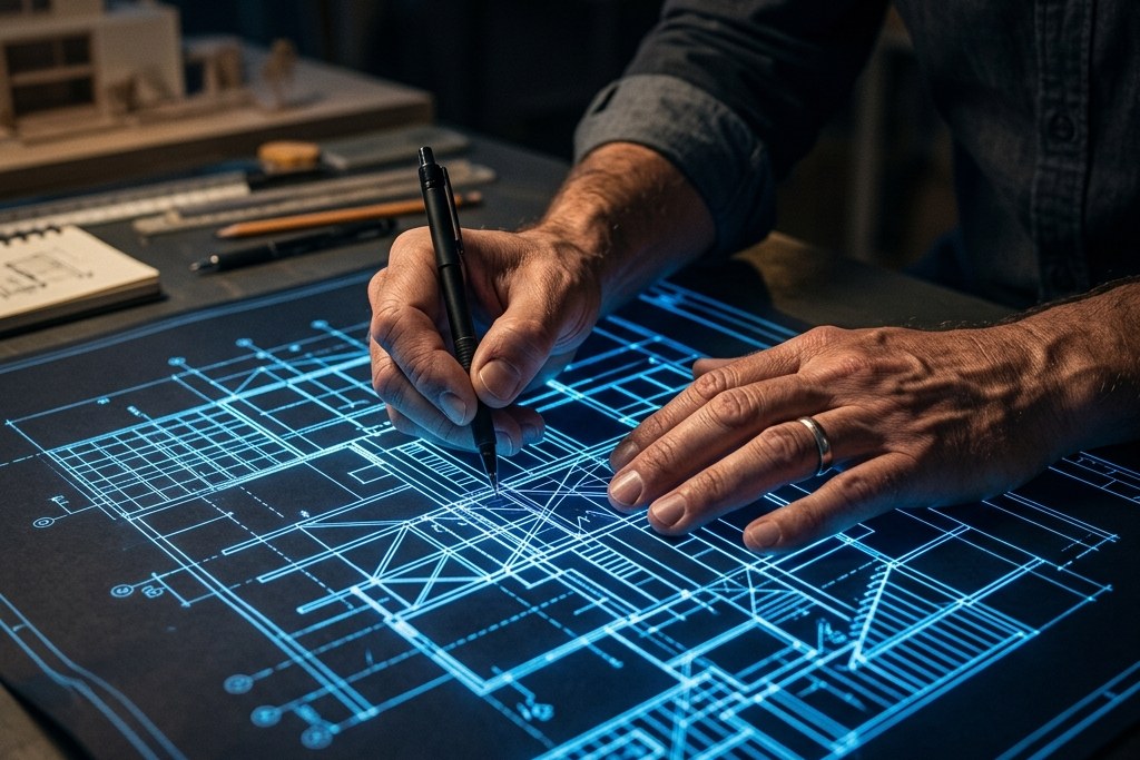 Hands drawing on a glowing blue architectural blueprint at a desk