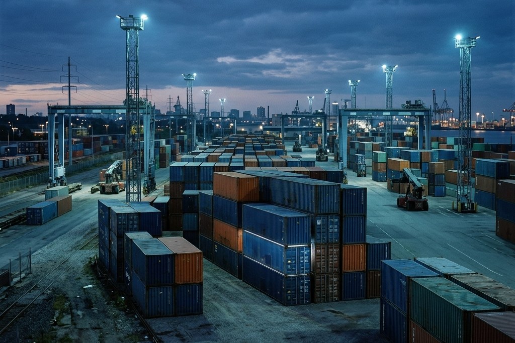 Shipping containers stacked in a dockyard at dusk under floodlights