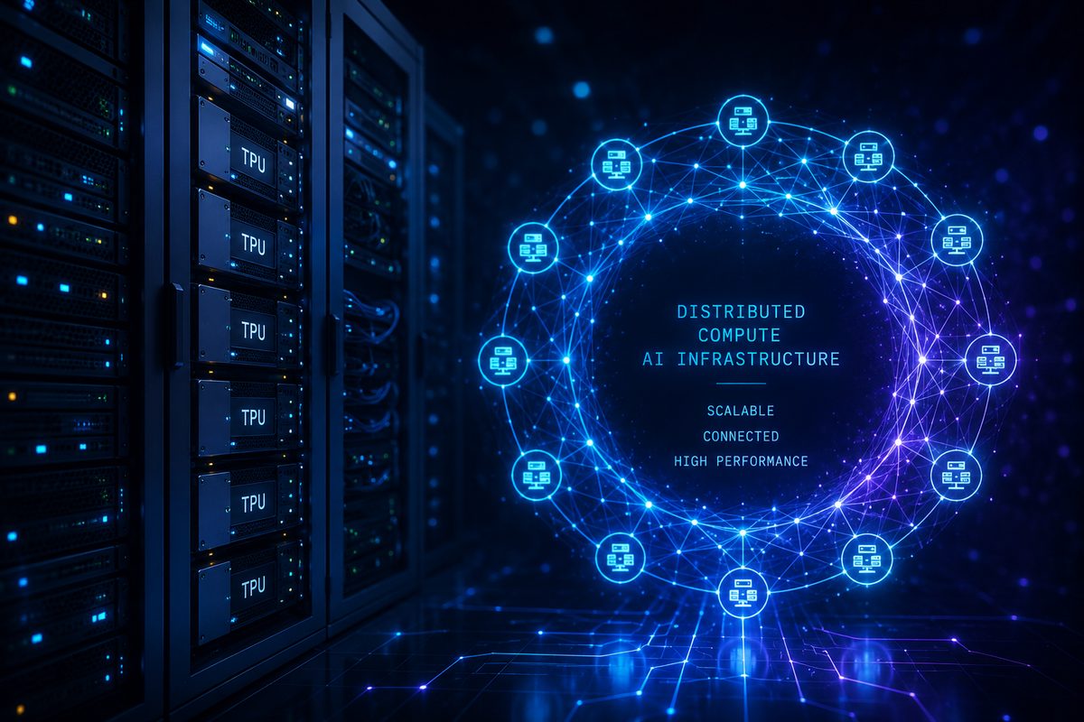 A rack of TPU chips beside a glowing ring of connected nodes labeled Distributed Compute AI Infrastructure
