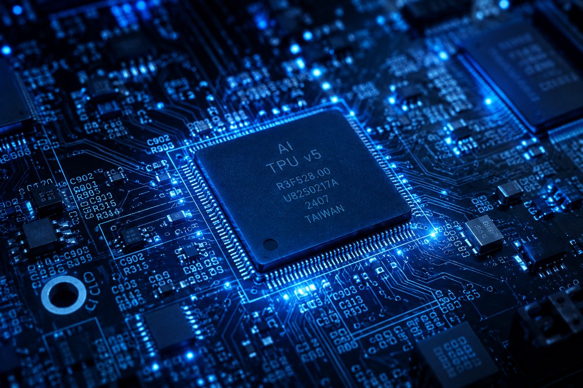 A macro shot of a TPU v5 chip on a circuit board, lit blue