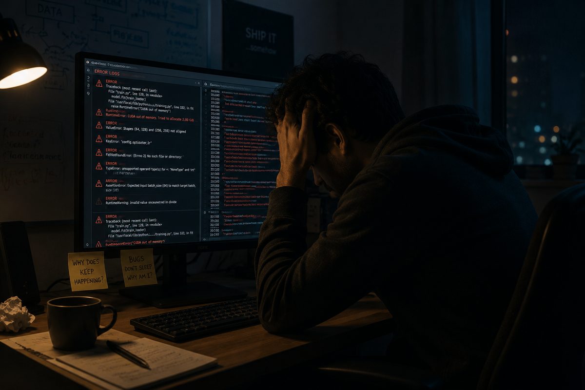 A developer holding their head in their hands at 2 AM, staring at a monitor full of stack traces and CUDA memory errors