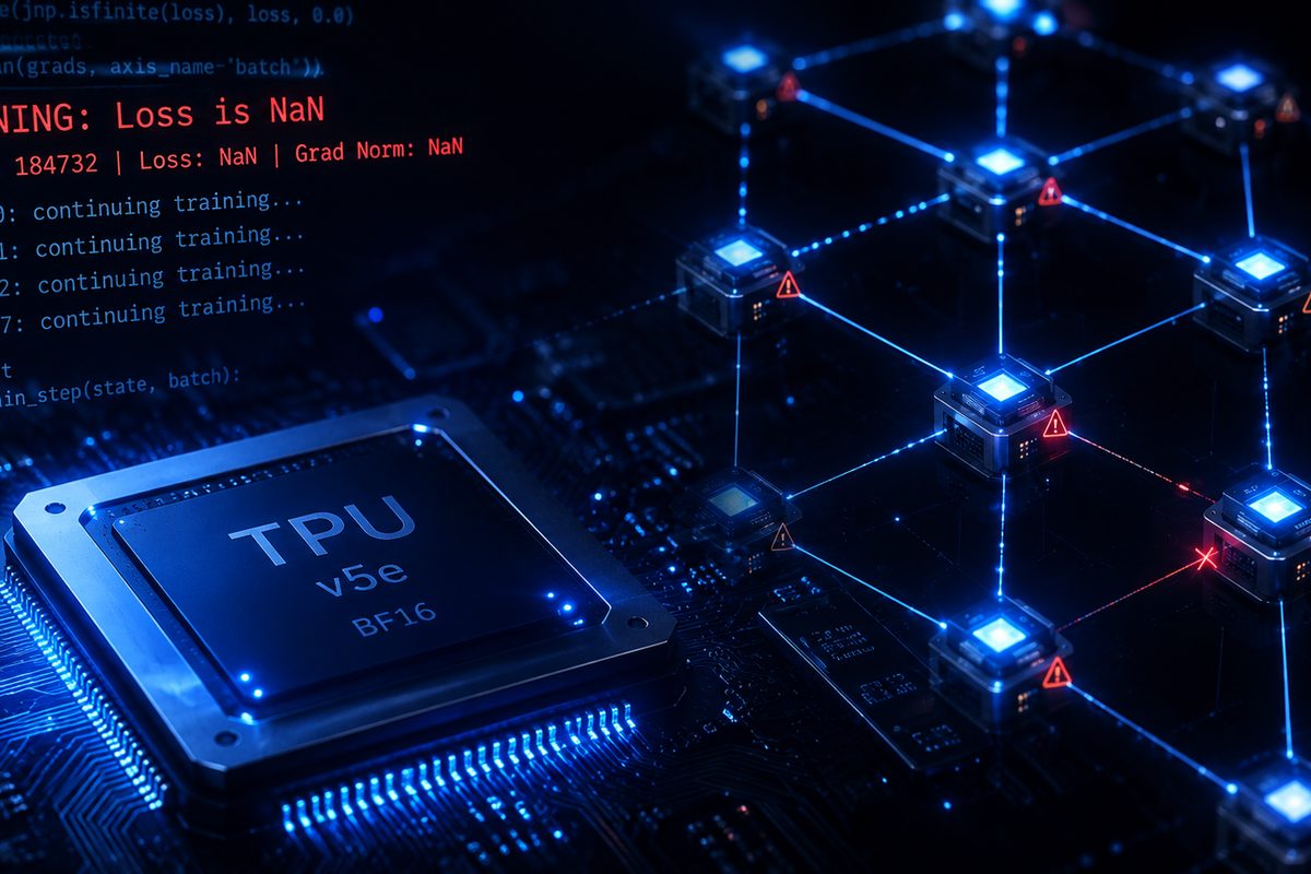 A terminal warning reading Loss is NaN next to a grid of TPU nodes, some flagged with red warning icons, while training continues on every host