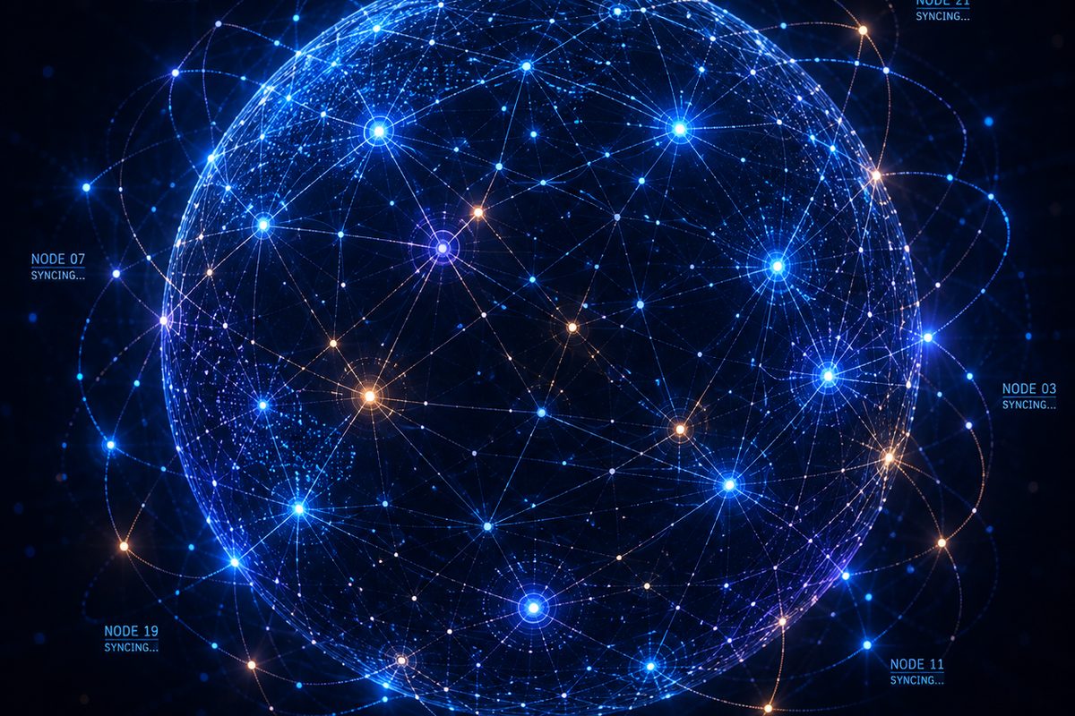 An abstract glowing sphere of connected nodes labeled Global Sync in Progress at 72 percent