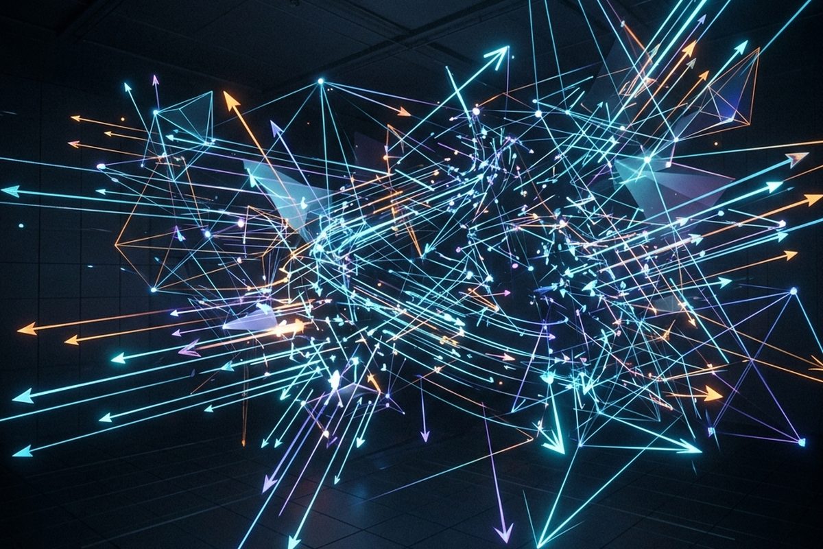 A dark room filled with hundreds of glowing arrows pointing in different directions, some clustered tightly together