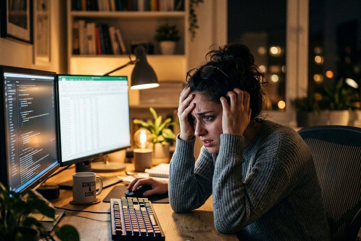 A developer sitting at a desk late at night, holding their head in frustration while staring at code and a spreadsheet on two monitors