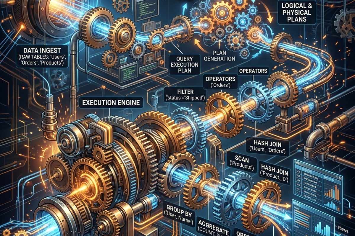 A mechanical query execution pipeline rendered as interlocking gears, moving from data ingest through filters, joins, and aggregation to a final result set