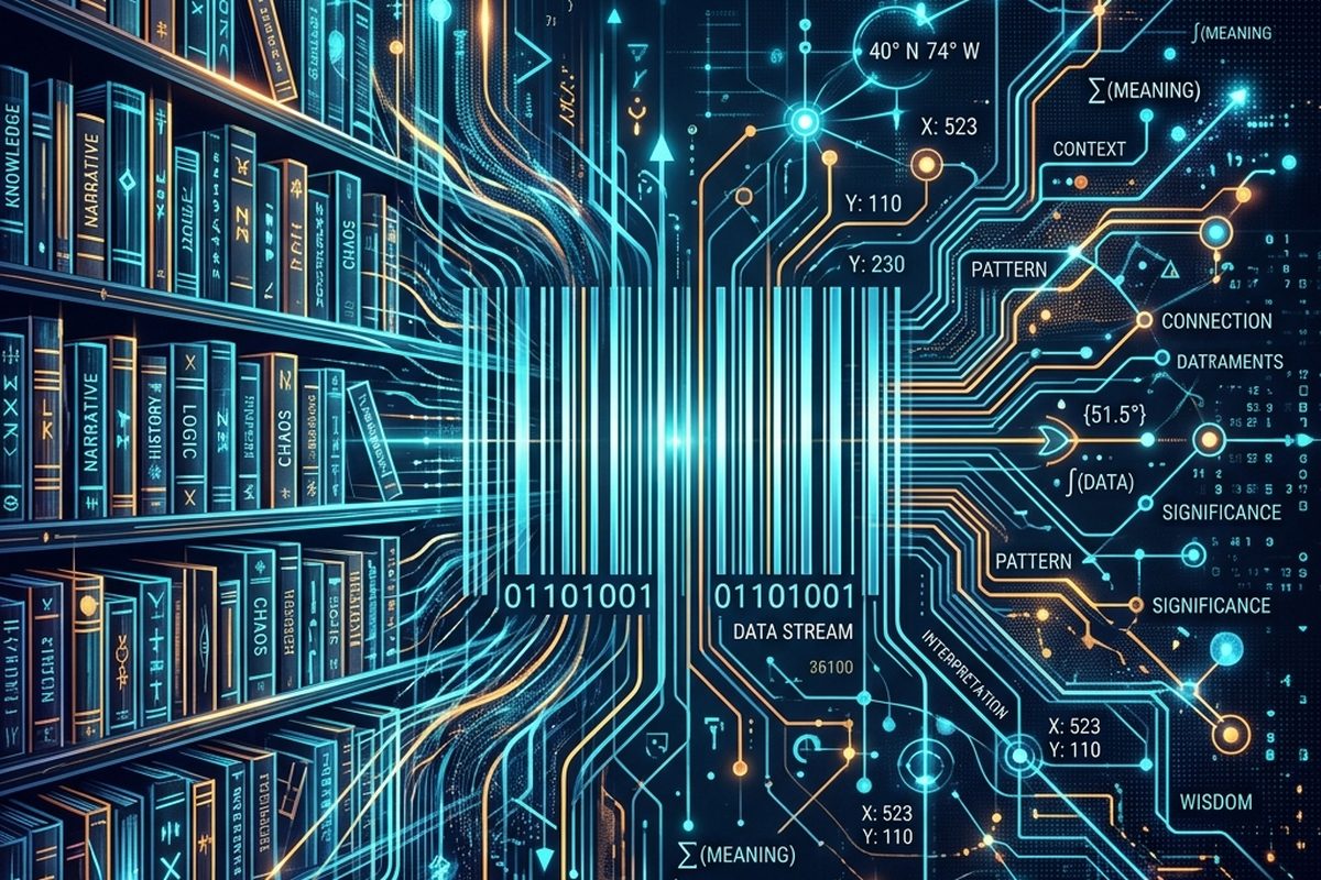 A library of books dissolving into a glowing barcode of data, connected to abstract concepts like meaning, context, and pattern