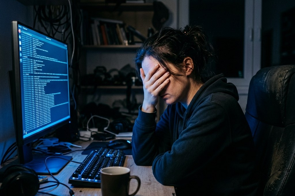 A person at a desk covering their face in mild exasperation, lit by monitor glow