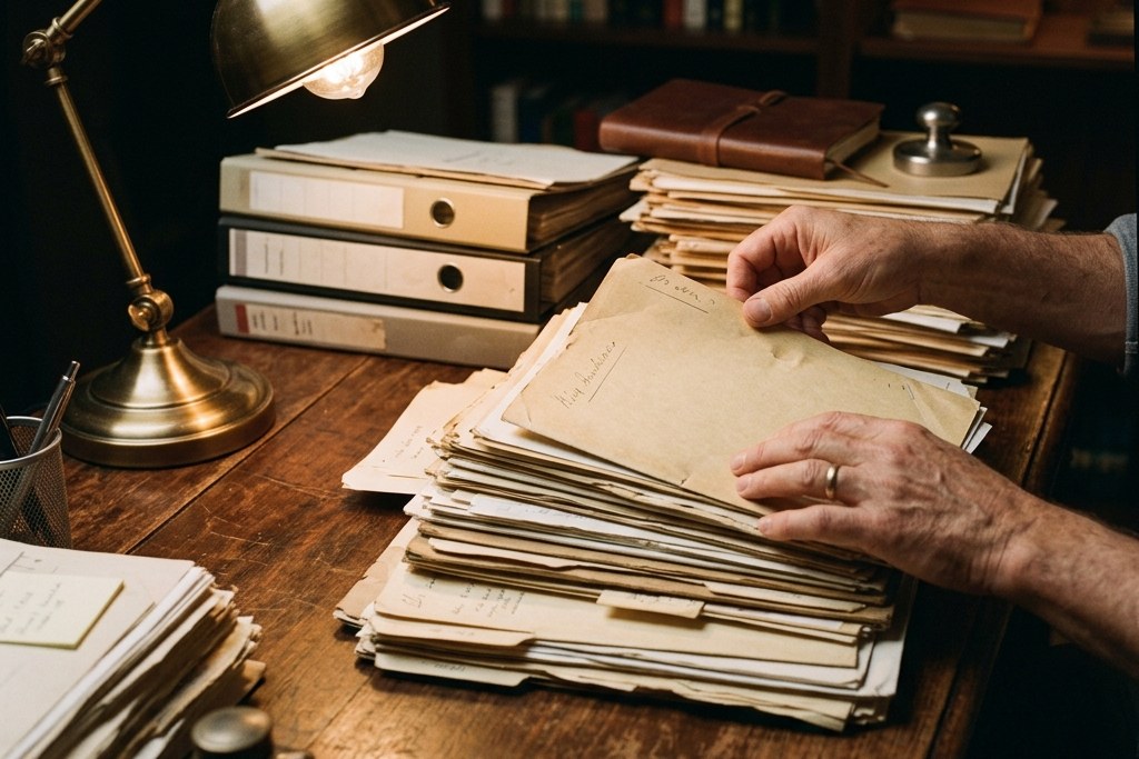 Hands sorting through stacked paper files at a desk