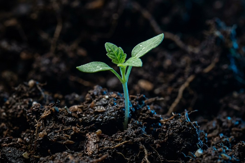 A small green plant sprout growing in dark soil